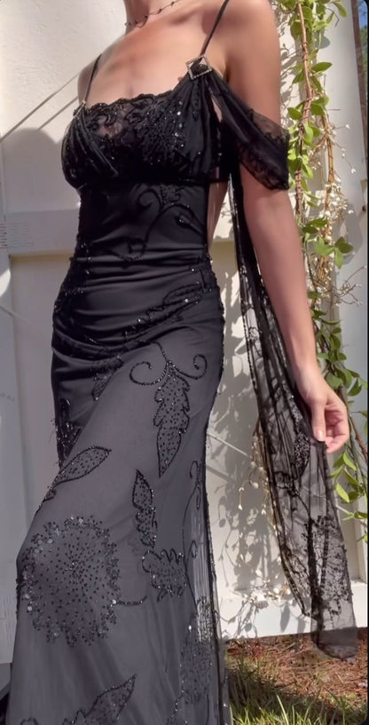 Vintage Black Thin Strap Beaded Backless Chiffon Long Prom Dress Evening Dress cc5098