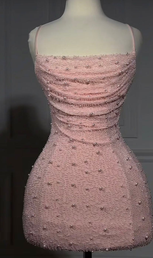 Sweet Pink Pearl Slim Fit Hip Mesh Birthday Party Homecoming Dress cc4398