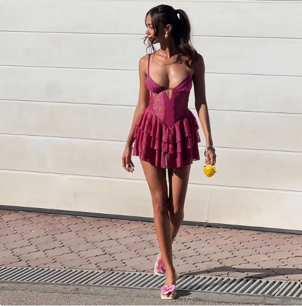 Sexy Purple Lace Halter Waist Hollow Birthday Cake Skirt Homecoming Dress cc3825