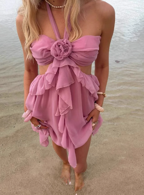Pink Three-dimensional Flower Halter Neck Layer Ruffle Irregular Birthday Short Skirt Homecoming Dress cc3832