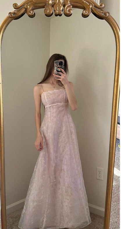 Sweet Light Pink A-Line Spaghetti Strap Square Neck Lace Long Prom Dress Evening Dress cc5099