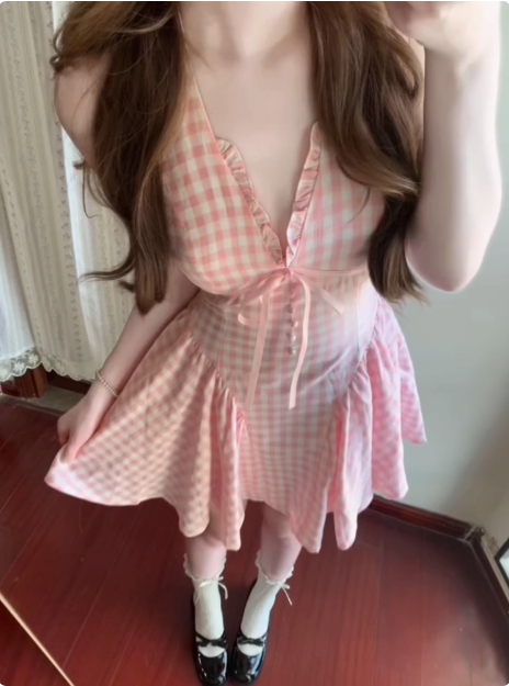 Cute V-neck Lace Bow Plaid Pleated Birthday Skirt Homecoming Dress cc3836