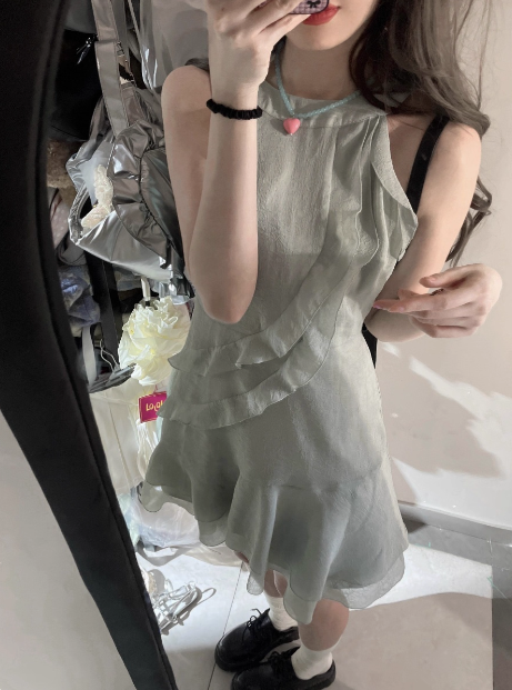 Beautiful Green Cold Shoulder Halter Neck Ruffled Birthday Skirt Homecoming Dress cc3837