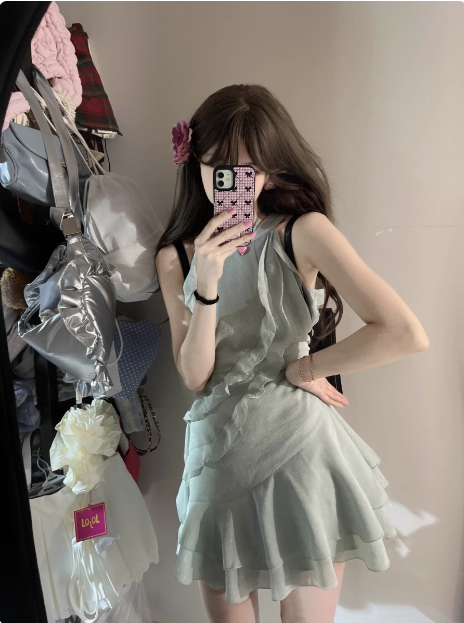 Beautiful Green Cold Shoulder Halter Neck Ruffled Birthday Skirt Homecoming Dress cc3837