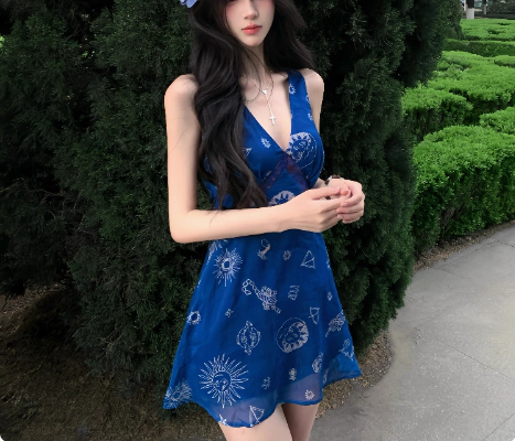 Retro V-neck Printed Mesh Suspenders Birthday Short Skirt Homecoming Dress cc3839