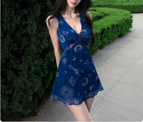 Retro V-neck Printed Mesh Suspenders Birthday Short Skirt Homecoming Dress cc3839