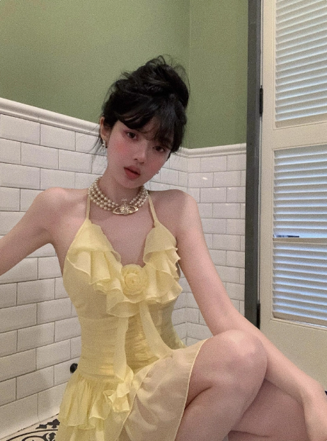 Sweet Three-dimensional Flower Ruffle Sling Irregular Cake Birthday Dress Homecoming Dress cc3840