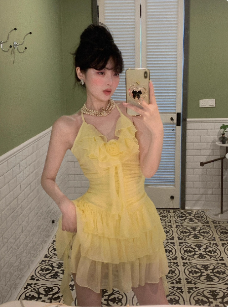 Sweet Three-dimensional Flower Ruffle Sling Irregular Cake Birthday Dress Homecoming Dress cc3840