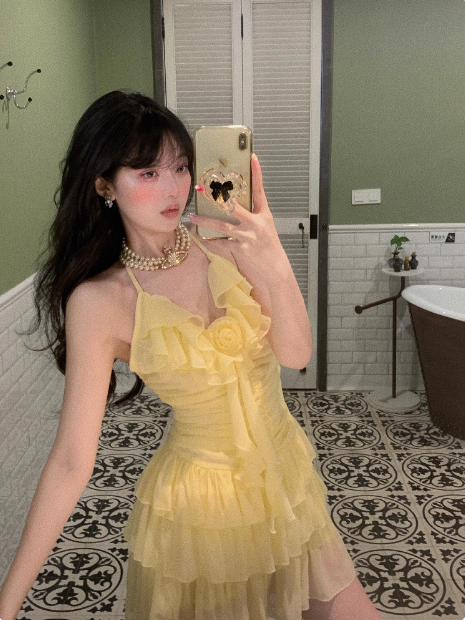 Sweet Three-dimensional Flower Ruffle Sling Irregular Cake Birthday Dress Homecoming Dress cc3840