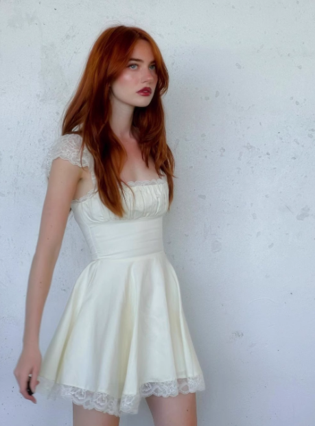 Sweet Ivory Satin Lace Trim Square Neck A-Line Birthday Dress Homecoming Dress cc3842