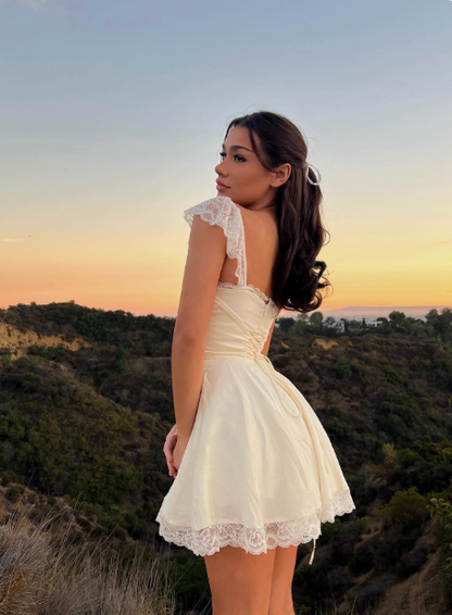 Sweet Ivory Satin Lace Trim Square Neck A-Line Birthday Dress Homecoming Dress cc3842