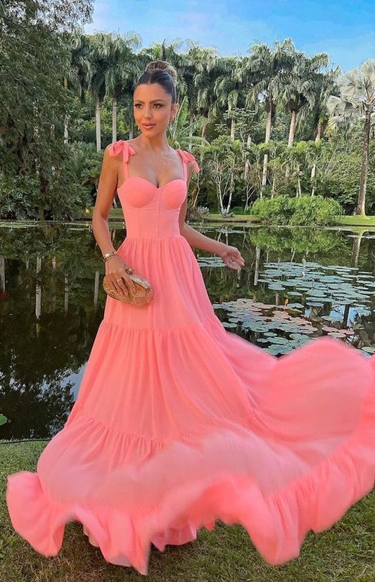 Elegant Coral Pink A-line Bow Strap Ruffled Chiffon Long Prom Dress Evening Dress cc4740