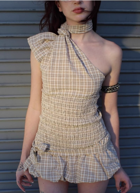 Sexy Hot Girl Plaid Off-shoulder Waist Hip Birthday Skirt Homecoming Dress cc3851