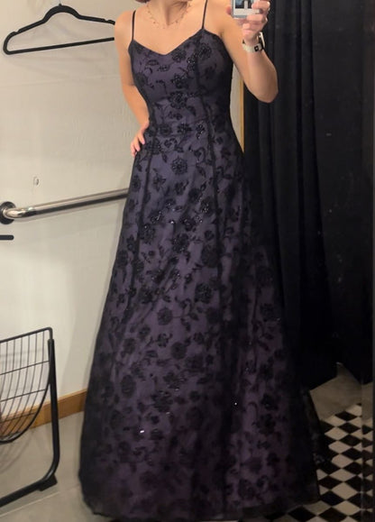 Vintage Deep Purple A-Line Spaghetti Strap Backless Embroidered Mesh Long Prom Dress Evening Dress cc5101