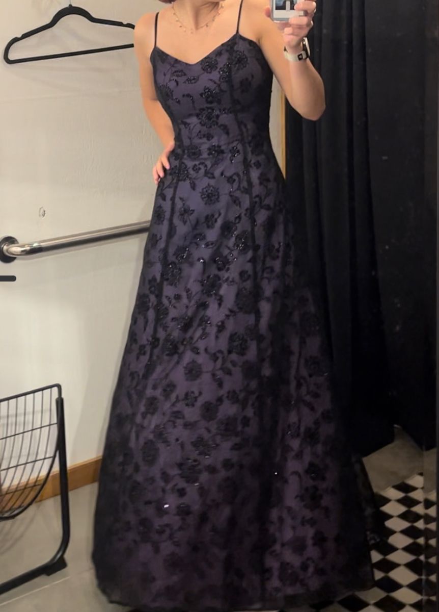 Vintage Deep Purple A-Line Spaghetti Strap Backless Embroidered Mesh Long Prom Dress Evening Dress cc5101