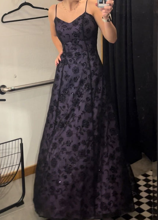 Vintage Deep Purple A-Line Spaghetti Strap Backless Embroidered Mesh Long Prom Dress Evening Dress cc5101