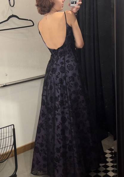 Vintage Deep Purple A-Line Spaghetti Strap Backless Embroidered Mesh Long Prom Dress Evening Dress cc5101