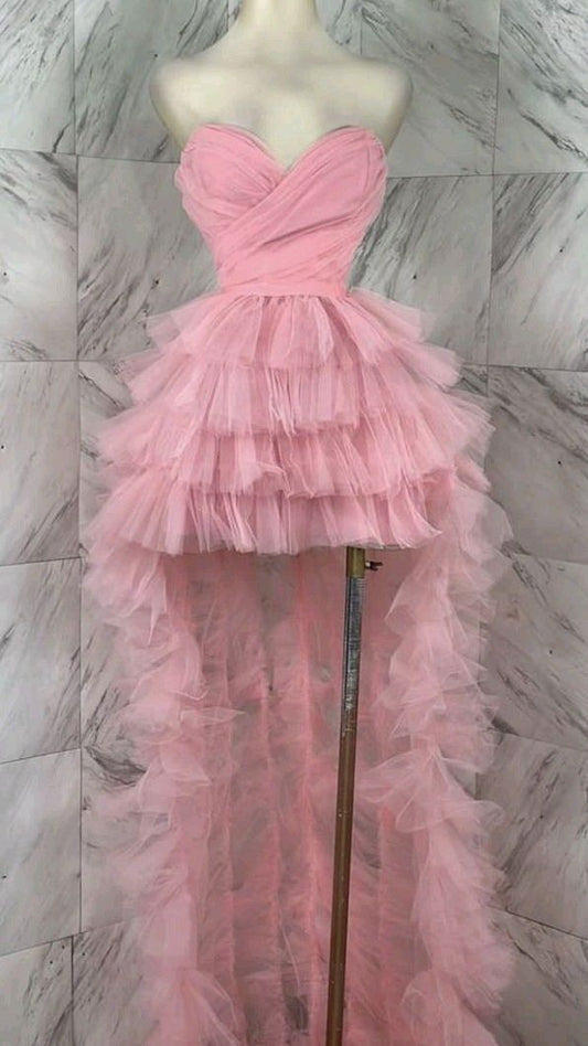 Sweet Pink Tulle Heart-shaped Neckline Short Front And Long Back Tail 17th Birthday Homecoming Dress cc3854