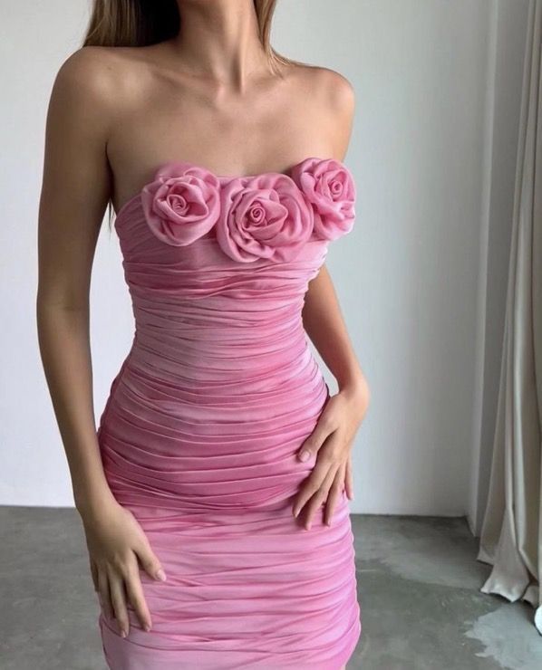 Sweet Pink Tube Top Three-dimensional Flower Pleated Hip 17th Birthday Homecoming Dress cc3856