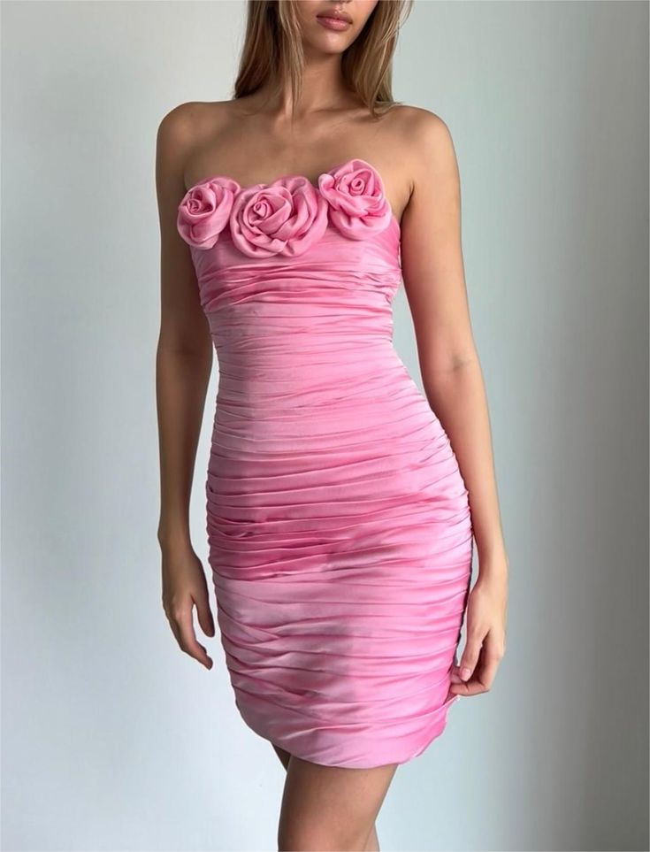 Sweet Pink Tube Top Three-dimensional Flower Pleated Hip 17th Birthday Homecoming Dress cc3856