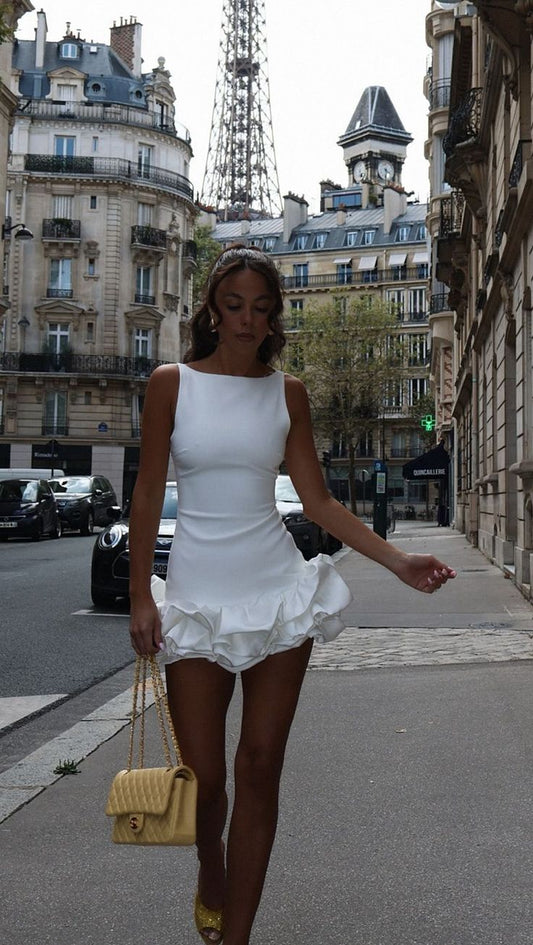 Sweet And Simple White Round Neck Sleeveless Flower Bud Skirt Birthday Short Skirt Homecoming Dress cc3860