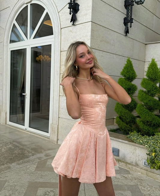Sweet Light Pink Spaghetti Strap Jacquard Satin A-line 16th Birthday Homecoming Dress cc4402