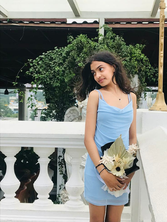 Fresh Light Blue Slouch Neckline Spaghetti Strap Mesh Slim Birthday Party Homecoming Dress cc4403