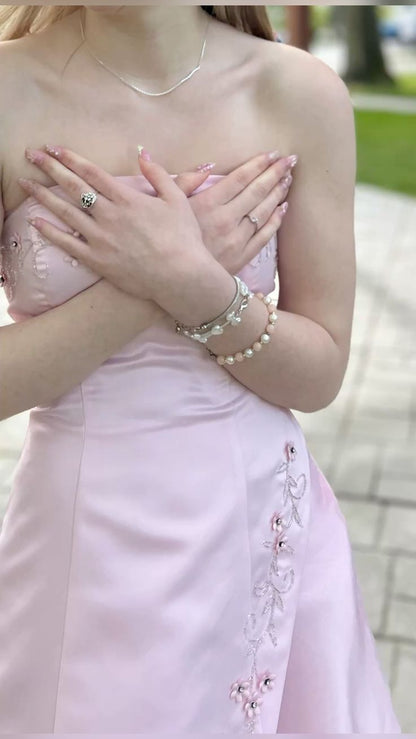 Sweet Princess Light Pink A-line Strapless Embroidered Satin Long Prom Dress Evening Dress cc5103