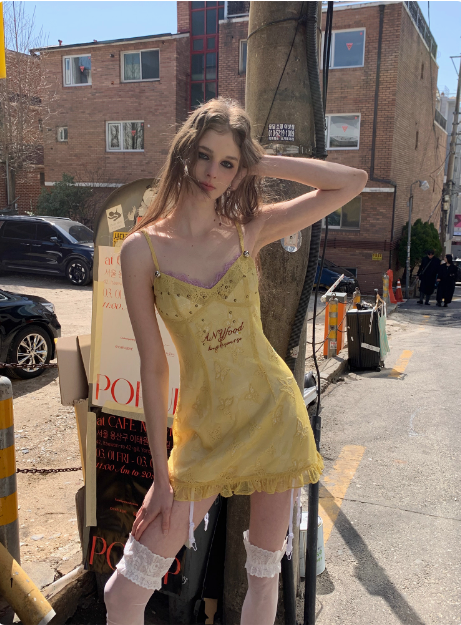 Vintage Yellow Bow Embroidered Waist Suspenders 17th Birthday Homecoming Dress cc3883