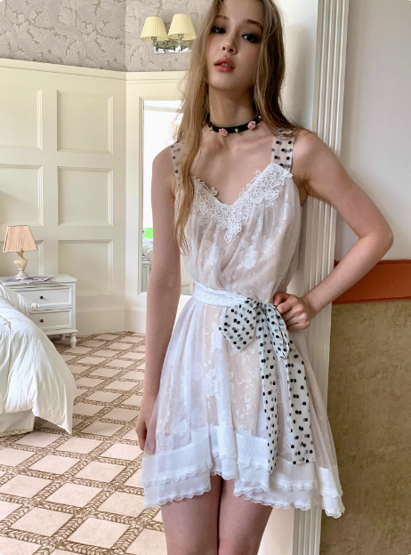 Cute White Lace Polka Dot Tie Waist Birthday Short Skirt Homecoming Dress cc3885