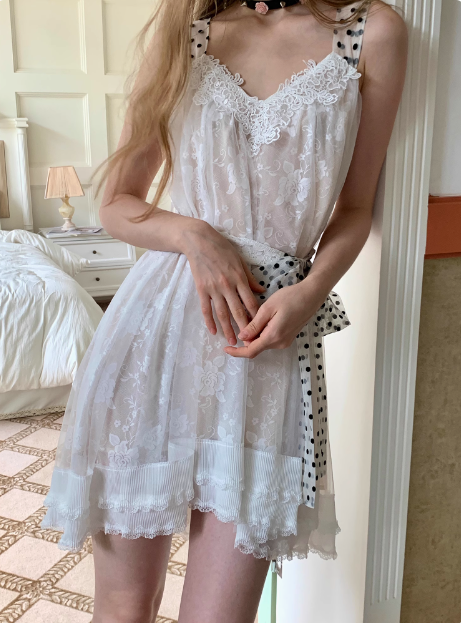 Cute White Lace Polka Dot Tie Waist Birthday Short Skirt Homecoming Dress cc3885