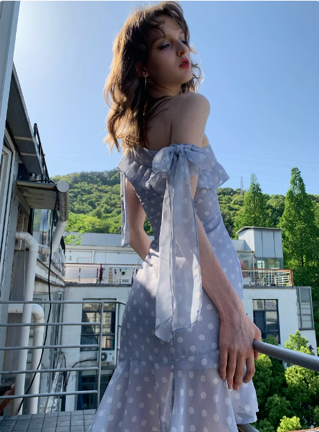 Sweet Purple Polka Dot Off-shoulder Chiffon Birthday Short Skirt Homecoming Dress cc3886