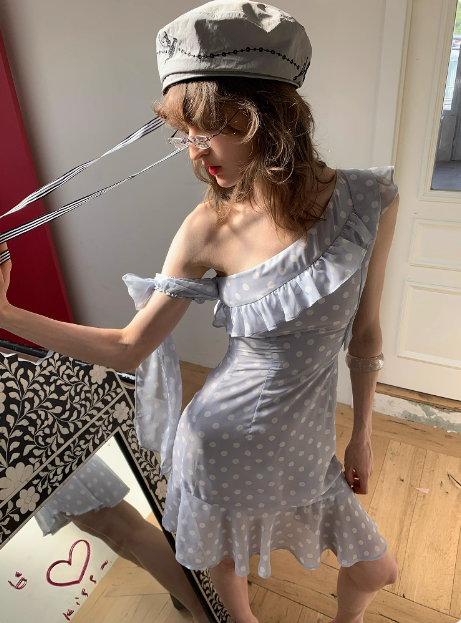 Sweet Purple Polka Dot Off-shoulder Chiffon Birthday Short Skirt Homecoming Dress cc3886