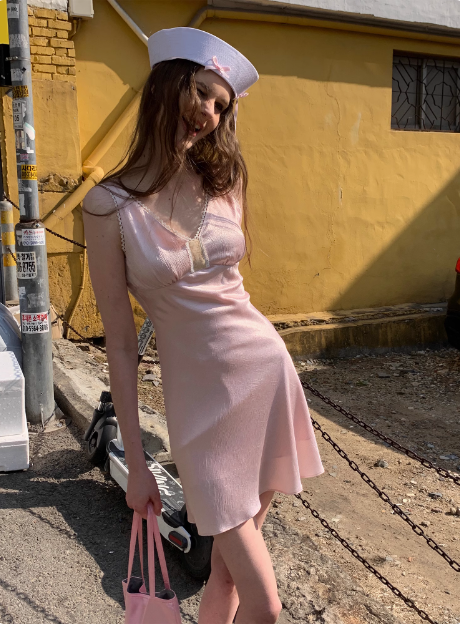 Cute Pink V Neck Lace Satin Birthday Short Skirt Homecoming Dress cc3888