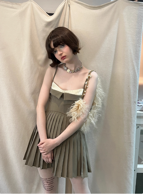 Retro Green Suspender Waist Stitching Pleated A-line Birthday Skirt Homecoming Dress cc3895