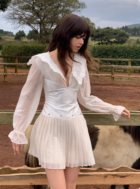 French Long Sleeve V Neck Lace Satin Pleated Birthday Short Skirt Homecoming Dress cc3896