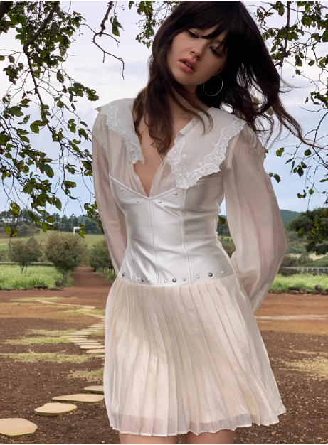 French Long Sleeve V Neck Lace Satin Pleated Birthday Short Skirt Homecoming Dress cc3896