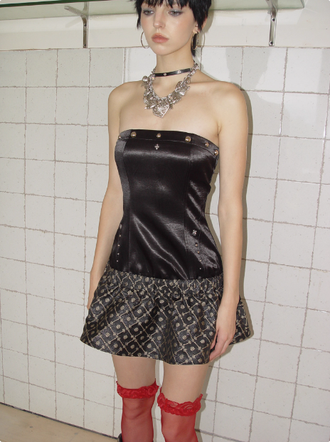 Vintage Black Studded Jacquard Satin Tube Top 17th Birthday Homecoming Dress cc3901