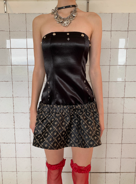 Vintage Black Studded Jacquard Satin Tube Top 17th Birthday Homecoming Dress cc3901