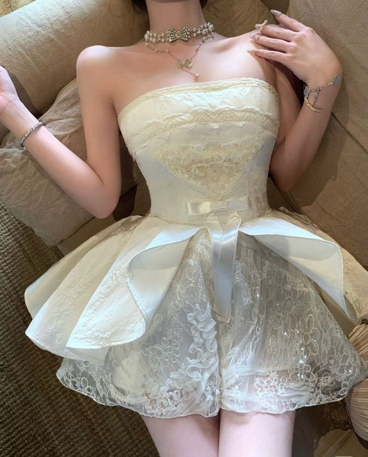 Sweet Ivory Strapless Lace And Satin A-line 16th Birthday Homecoming Dress cc4406