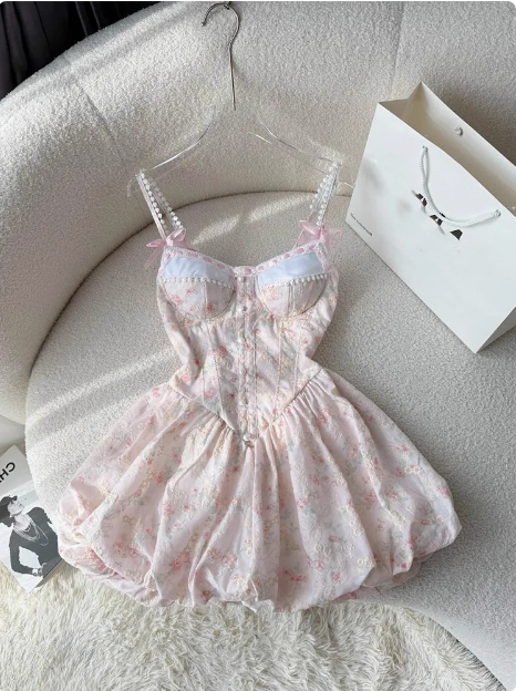 Sweet Pink Floral Sling Flower Bud Birthday Short Skirt Homecoming Dress cc3909