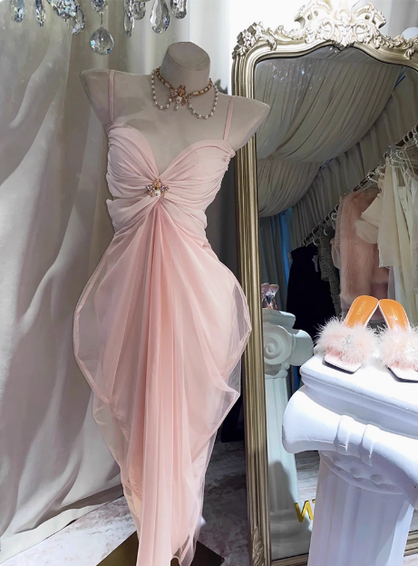 Elegant Pink Suspender Tulle Slim Irregular Birthday Dress Homecoming Dress cc3912