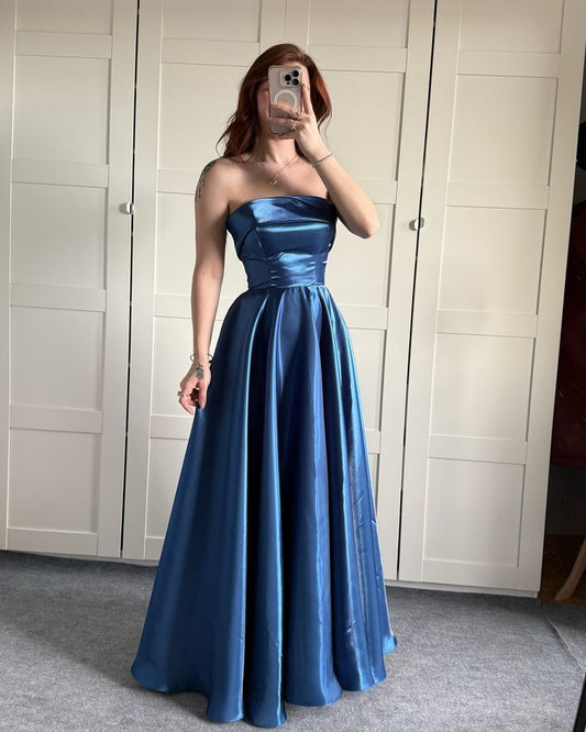 Elegant Royal Blue A-Line Strapless Ribbon Satin Long Prom Dress Evening Dress Bridesmaid Dress cc5108