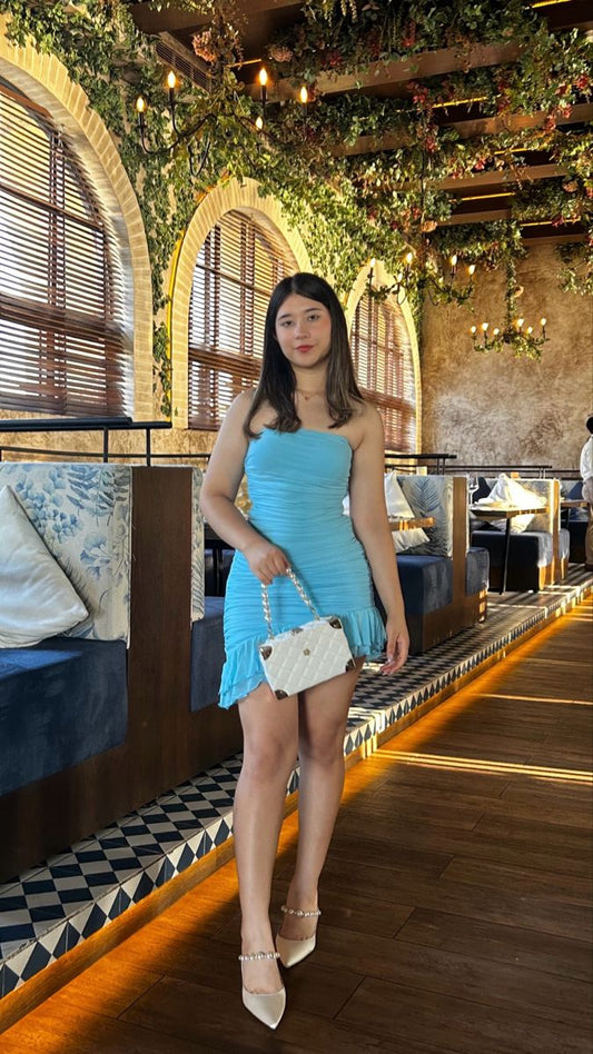 Elegant Light Blue Tube Top Pleated Irregular Ruffles Slim Hip Birthday Party Homecoming Dress cc4408