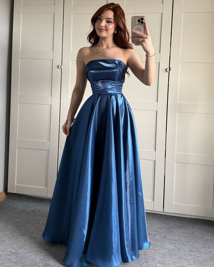 Elegant Royal Blue A-Line Strapless Ribbon Satin Long Prom Dress Evening Dress Bridesmaid Dress cc5108