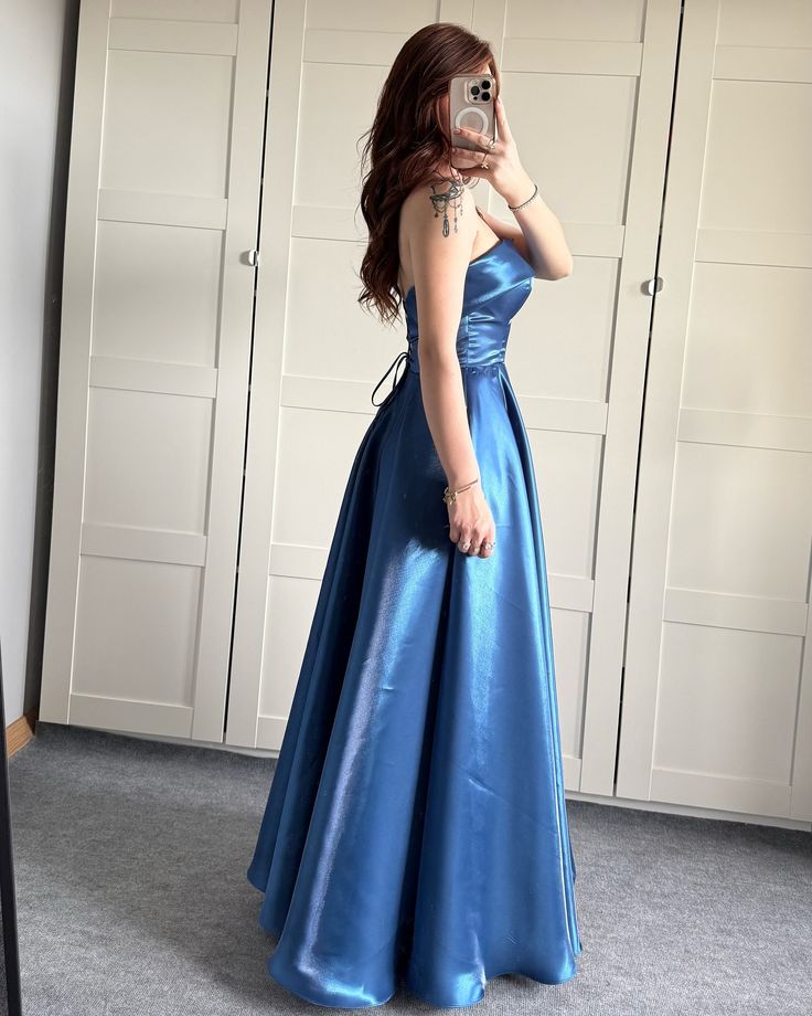 Elegant Royal Blue A-Line Strapless Ribbon Satin Long Prom Dress Evening Dress Bridesmaid Dress cc5108