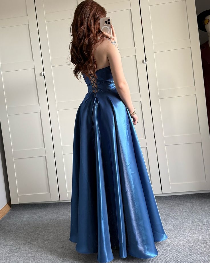Elegant Royal Blue A-Line Strapless Ribbon Satin Long Prom Dress Evening Dress Bridesmaid Dress cc5108