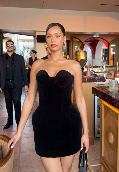 Elegant Velvet Black Tube Top Waist Birthday Dress Homecoming Dress cc3925