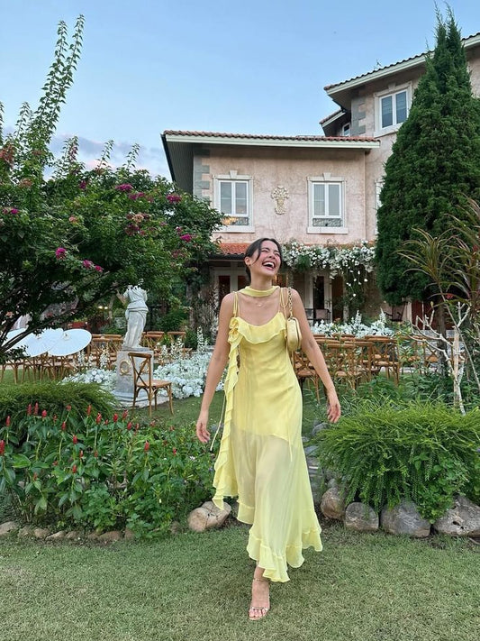 Fresh Pale Yellow Spaghetti Strap Ruffled Irregular Chiffon Long Prom Dress Evening Dress cc5109