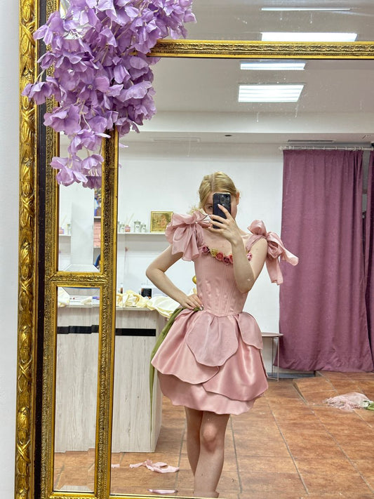 Sweet Pink Square Neck Shoulder Big Bow Flower Cascade Satin Birthday Party Homecoming Dress cc4409